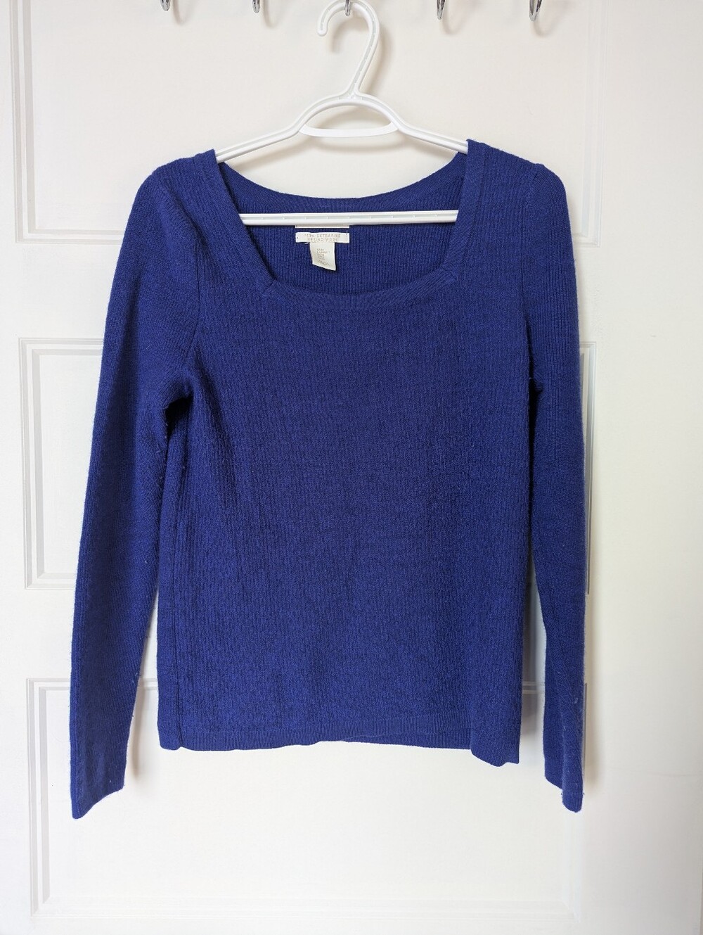Christian Siriano Merino Wool Navy Square-Neck Long Sleeve Sweater